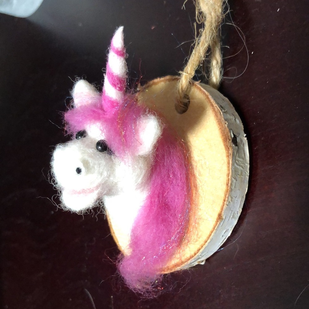 Unicorn Felted Christmas Ornament Handmade Rustic Wood Trophy Mount